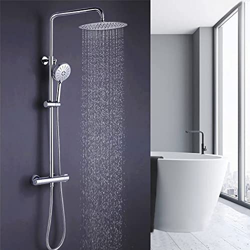 Columna de ducha termostática ONECE 40 term, con ducha de lluvia ultrafina de acero inoxidable de 12 pulgadas, conjunto de ducha regulable en altura 829-1221 mm, conjunto de ducha de baño con ducha de mano de 3 vías