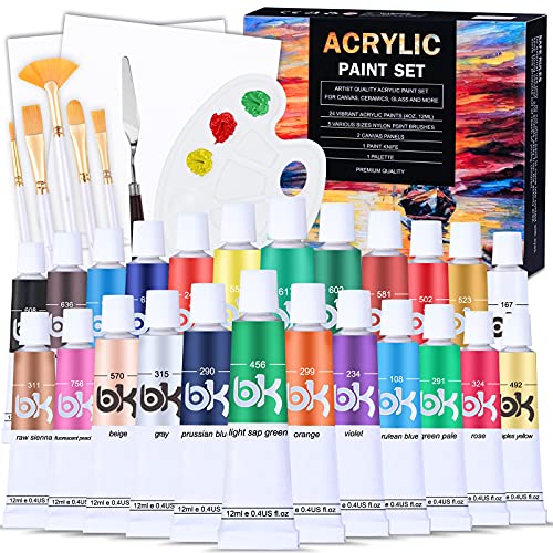 Set de pinturas acrílicas, 24 tubos Manualidades con pintura acrílica, pintura acrílica para niños principiantes con pinceles/lienzo/paleta de pintura/cuchillos para paleta, kit de pintura para tela, cerámica, papel
