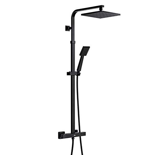 Columna de ducha termostática AuraLum 38°C, distancia de instalación regulable 850-1120mm, con rociador con efecto lluvia de 8” y teleducha cuadrada, conjunto de ducha de latón negro