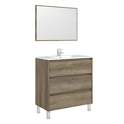 Mueble de baño con 3 cajones y espejo ARKITMOBEL, módulo lavabo, modelo Dakota, acabado Nordik, medidas: 80 cm (ancho) x 86 cm (alto) x 45 cm (fondo)