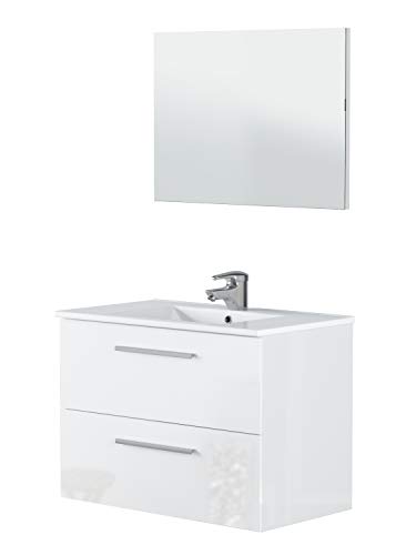 Lavabo suspendido Miroytengo Mueble de baño WC de 2 cajones blanco brillo con espejo y LAVABO DE CERÁMICA Incluido 80x45x57 cm