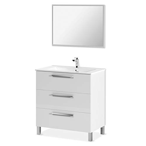 Mueble de baño con 3 cajones y espejo ARKITMOBEL, módulo lavabo, modelo Athena, acabado blanco brillo, medidas: 80 cm (ancho) x 86 cm (alto) x 45 cm (fondo)