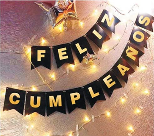 Guirnalda Negra Happy Birthday UNISHOP con Letras Doradas y Luces LED, Decoración de Fiesta