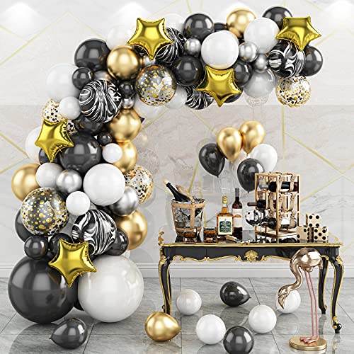Kit de lazo de globos de oro negro, 89 piezas Guirnalda de globos de oro y negro, globos de látex de lámina de oro negro para decoraciones de bodas, baby shower, aniversario, fiesta