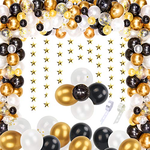 KATOOM Kit de guirnaldas con globos 124 uds.  Globos de látex dorados, negros y blancos con guirnaldas de 2 estrellas, cinta de globos y puntos para bodas / Halloween / Cumpleaños / Despedida de soltero