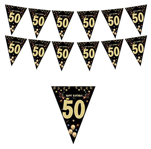 Pancarta triangular Pomeloone para 50 años de nacimiento, negro, dorado, 30 uds.  banderas con guirnaldas de oro negro de 50 años, guirnalda de 50 años de edad para decoración de fiesta de cumpleaños