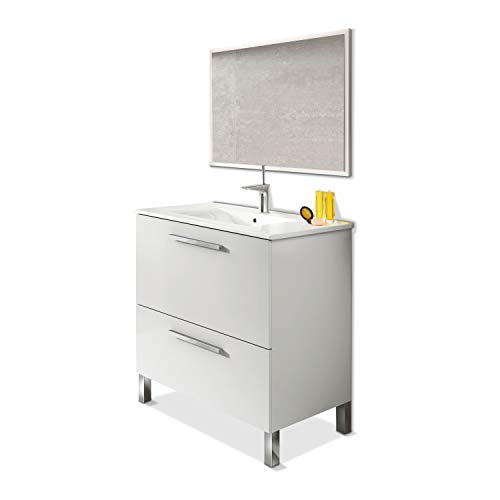 ARKITMOBEL Mueble de Baño con 1 Puerta 1 Cajón y Espejo, Módulo de Baño, Modelo Urban, Acabado Blanco Brillo, Medidas: 80 cm (Ancho) x 80 cm (Alto) x 45 cm (Fondo)