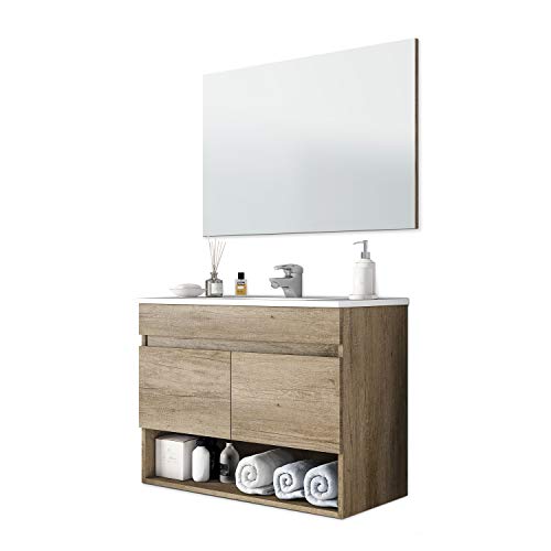 ARKITMOBEL Mueble de baño suspendido de 2 puertas y espejo, módulo suspendido, modelo algodón, acabado Nordik, medidas: 80 cm (ancho) x 64 cm (alto) x 45 cm (fondo)