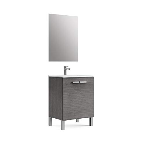 Baikal Neo 280034069 Mueble de baño con lavabo y espejo con patas, dos puertas, color gris madera, melamina 16, en kit, fácil montaje, 60 x 82 x 46 cm, 16 mm, fresno, 60