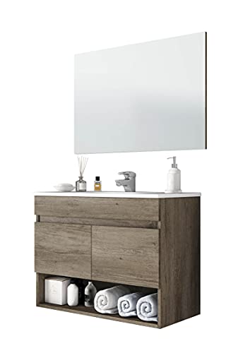 Mueble lavabo de pared con espejo Miroytengo y mueble de baño de dos puertas hueco abierto 80x45x64 cm con lavabo de PMMA
