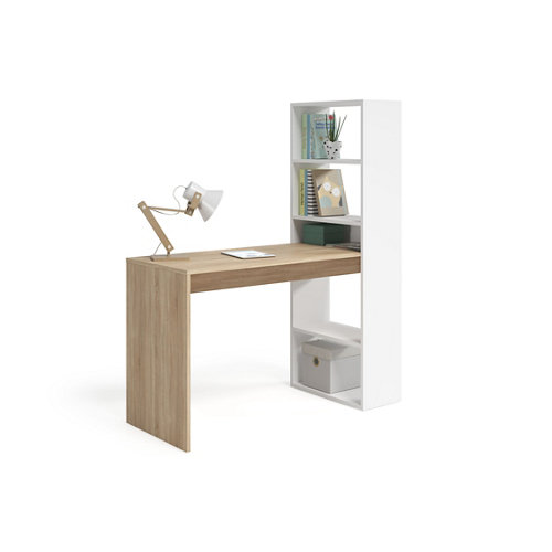 Kit mesa oficina + estantes blanco/roble 144x120x75 cm