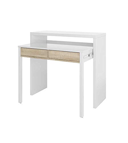 Escritorio extensible Habitdesign, mesa de estudio, consola, roble canadiense y acabado blanco Artik, dimensiones: 98,5 cm (ancho) x 36-70 cm (profundidad) x 87,5 cm (alto)