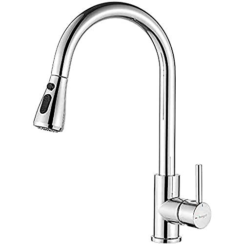 Ibergrif M22136 grifo de cocina con teleducha extraíble, grifo de fregadero, ahorro de agua, cromo, plata