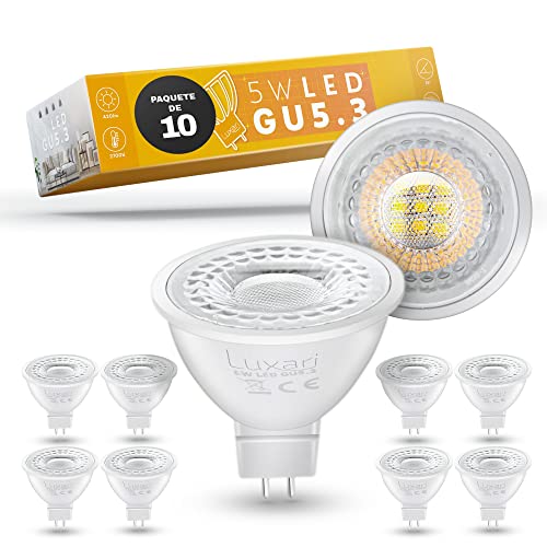 Lámpara LED Luxari GU5.3 [10x] - LED MR16 - Equivalente a una lámpara halógena de 50 W - Bombilla LED 5 W 420 lm - Spot LED GU 5.3 con blanco cálido 2700K [Clase de eficiencia energética A+]