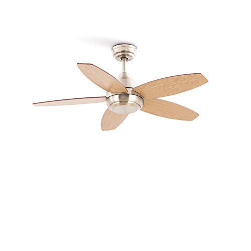 CREATE IKOHS FLOWOOD - Ventilador de Techo, Silencioso, Potente, 5 Aspas, Mando a Distancia, Diámetro 107 cm, 3 Velocidades, Temporizador, Aspas de Madera, Motor AC, 60 W (Níquel - Sin Luz)