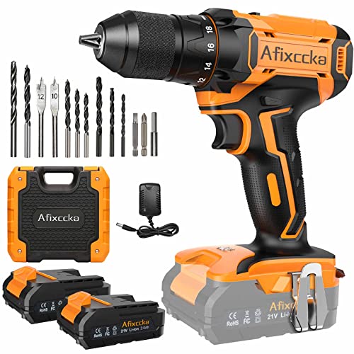 Taladro atornillador Afixccka de 21 V, taladro de batería de 45 Nm máx.  con 2 baterías de litio de 2,0 Ah, portabrocas automático de 13 mm, ajuste de par 18+1, 2 velocidades, luz LED para el hogar, bricolaje