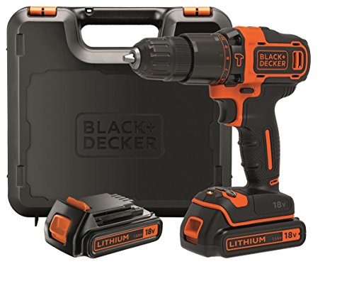 BLACK+DECKER BDCHD18KB Taladro de Impacto Inalámbrico 18V 1.5Ah con 2 Baterías y Carcasa de 10mm Luz LED de 2 Velocidades, Color Negro, Naranja