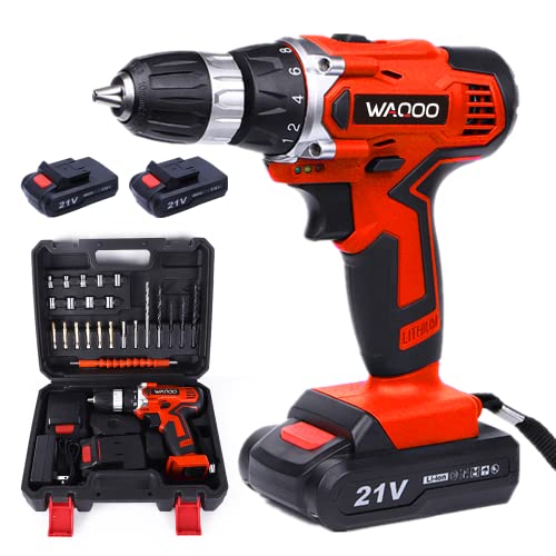 Taladro de 21 V, WaQoo 23 piezas 23 piezas Taladro de batería de litio de 1,5 Ah, par de 36 Nm, ajuste de par 18+1, 2 velocidades, portabrocas automático de 10 mm, luz LED para el hogar, bricolaje