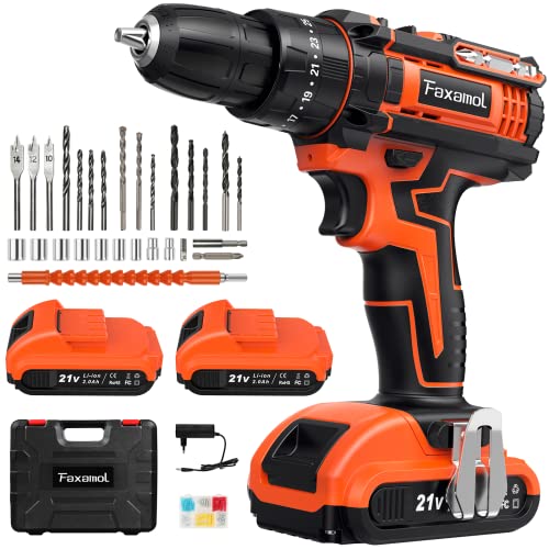 Faxamol Taladro de 21 V, Taladro percutor alimentado por batería con 2 baterías de litio de 2,0 Ah, 42 Nm máx., Ajuste de par 25+3, 2 velocidades, Luz LED para el hogar, bricolaje