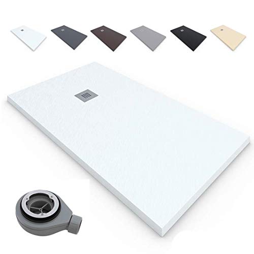 Plato de ducha Extraplano EstiloBaño®TERRA RESINA - TEXTURA PIZARRA ANTIDESLIZANTE -Todas las medidas disponibles -Varios colores -【70x100, Blanco Ral-9003】- Incluye válvula de desagüe + rejilla