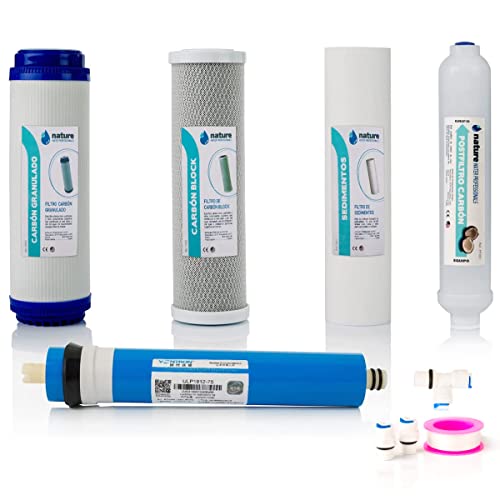 Kit de 4 filtros de ósmosis inversa estándar - Incluye membrana Vontron 75GDP para equipos universales de 5 etapas, conectores, una T y rollo de teflón - Nature Water Professionals