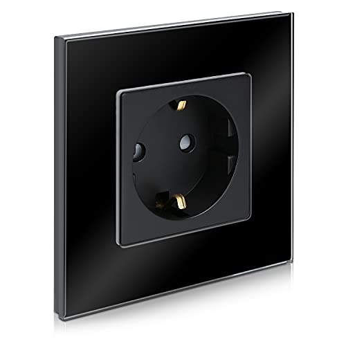 Enchufe Navaris con marco de cristal - Enchufe schuko tipo F para empotrar - Placa de cristal de empotrar en pared con elegante diseño - Negro