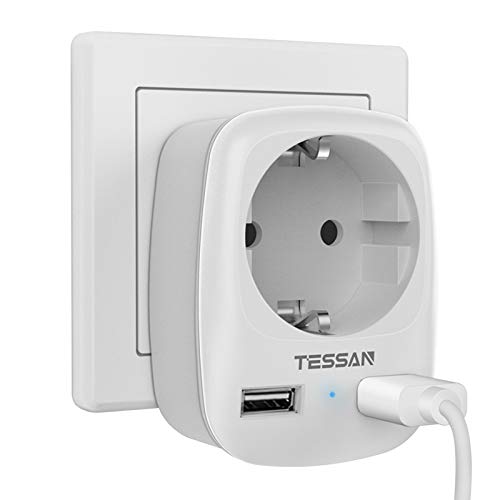 Enchufe USB TESSAN, Ladron 4000W Doble USB y 1 enchufe de CA, Enchufe adaptador de cargador de pared de enchufe múltiple USB de España, Carga USB Ladron para almohadilla móvil Blanco