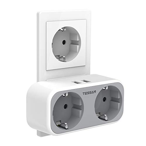 Enchufes USB TESSAN Thief, enchufe doble 4 en 1 y 2 enchufes múltiples USB, enchufes modernos compatibles con teléfonos Thieves, enchufe de pared doble con luz de recordatorio para oficina en casa